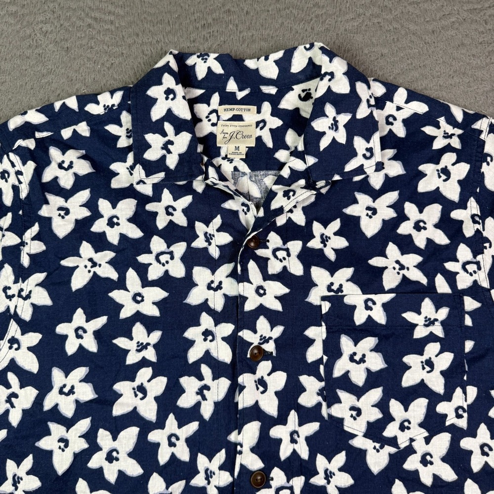 J. Crew Floral Hawaiian Shirt Mens M Blue Linen Blend Loop Collar Floral